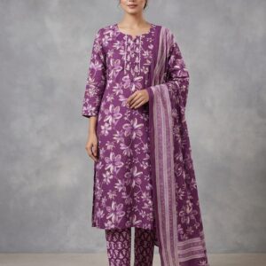 Indo Era Purple Cotton Floral Print Kurta Pant Set with Dupatta.