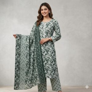 Cotton Floral Printed Straight Kurta Pant Set with Dupatta.