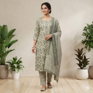 Women's Paisley Printed Straight Cotton Kurta Pant Set with Dupatta