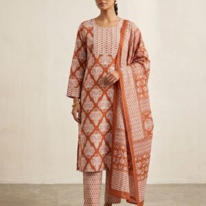 Rust Printed Cotton Straight Kurta Set with Trousers & Dupatta.